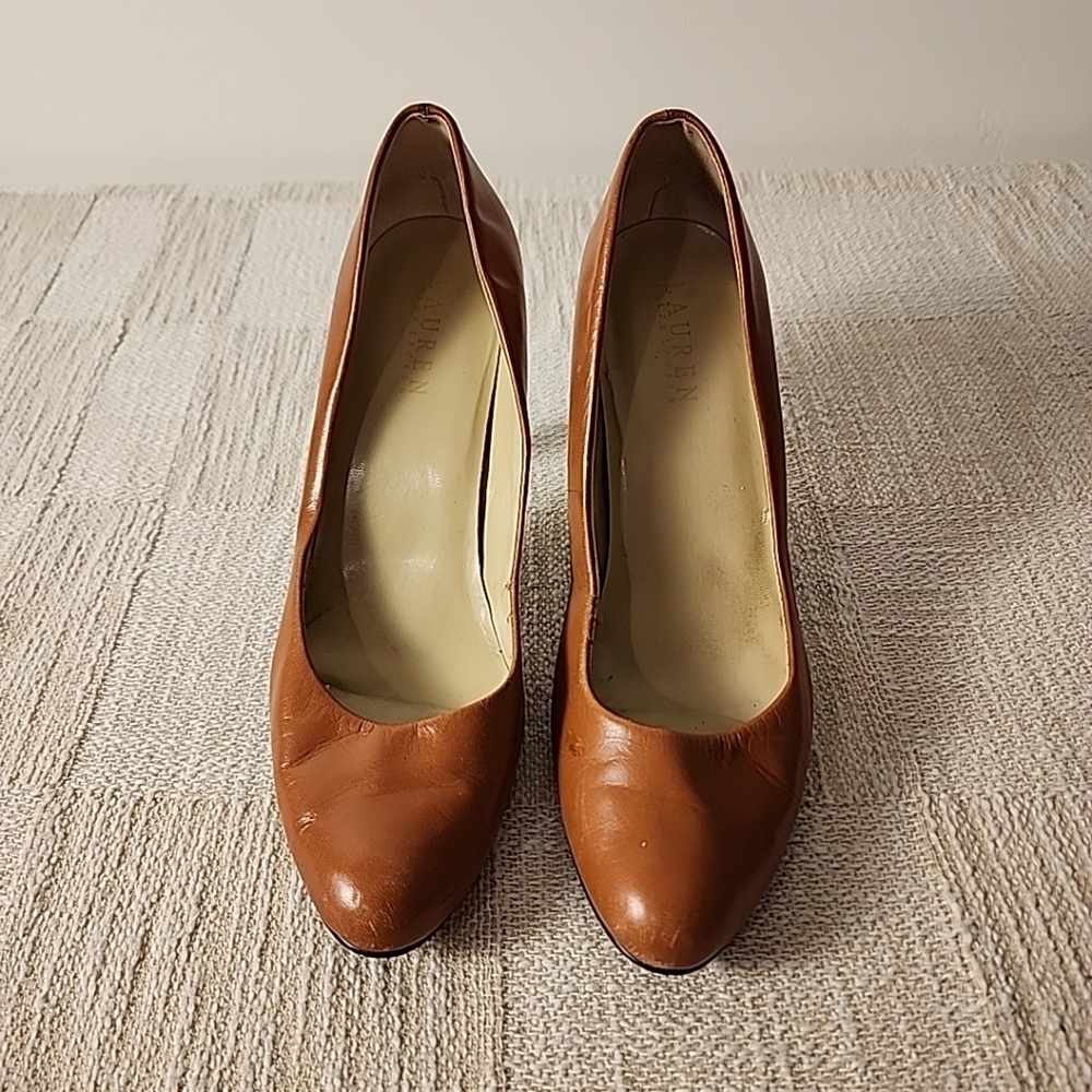 Lauren Ralph Lauren Zamora Brown Leather Women's Pumps 8.5 Peekaboo Toe Caramel